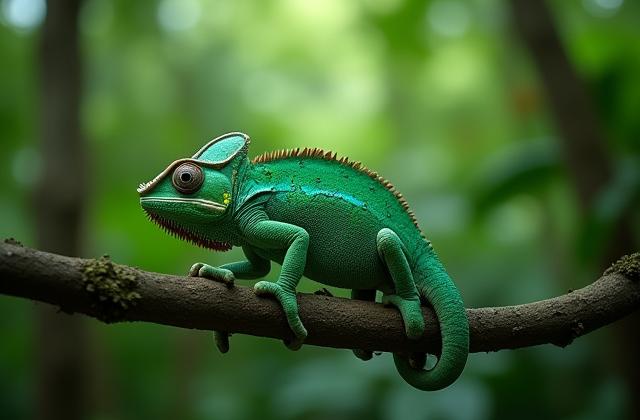 AI-powered camera monitoring reptile habitats, showing a chameleon on a branch with data overlays.